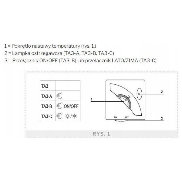 Termostat pokojowy TA3, 10÷30°C,dioda LED, funkcja zima/lato (S) (DWZ)