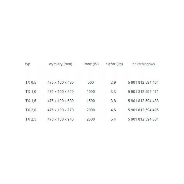 Elektryczny grzejnik konwektorowy TX - 2500 W IP20 wym. 890 x 450 x 80