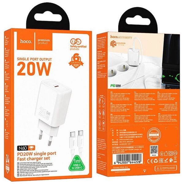 HOCO ładowarka sieciowa Typ C + kabel Typ C do Lightning PD QC 20W N60 biała
