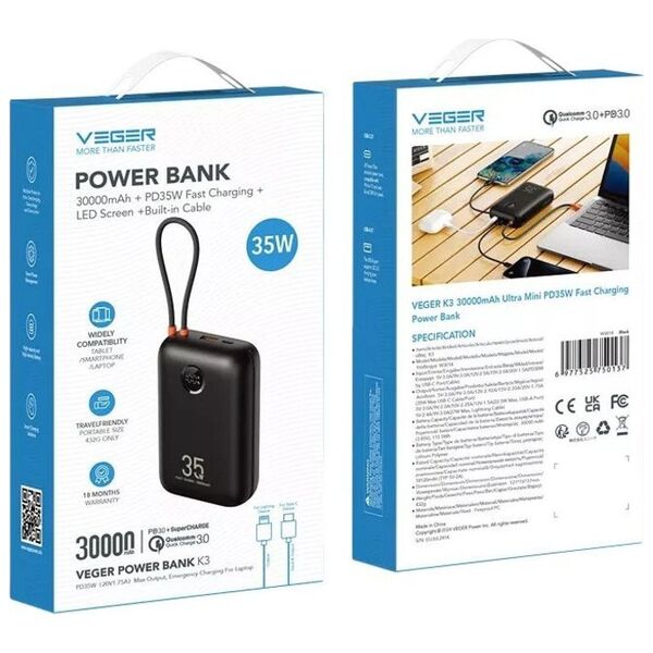 VEGER powerbank 30000 mAh z wbudowanymi kablami Typ C / Lightning PD QC3.0 35W K3 (W3018) czarny