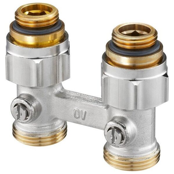 Oventrop Multiflex F, ZB-podwójne przyłącze z odcięciem, 1/2GZx3/4GZ, mosiądz, niklowane
