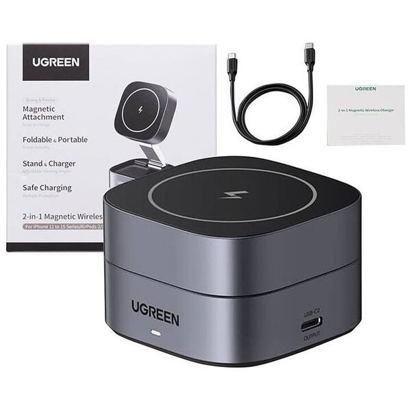 Ładowarka Ugreen Ładowarka indukcyjna Qi 2w1 Ugreen W256 do iPhone, AirPods, 20W (czarna) + kabel USB-C do USB-C 1m