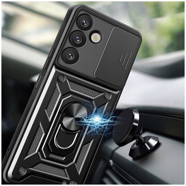 Etui pancerne Hybrid Armor Camshield z osłoną aparatu i metalowym ringiem do Samsung Galaxy S25+ - czarne