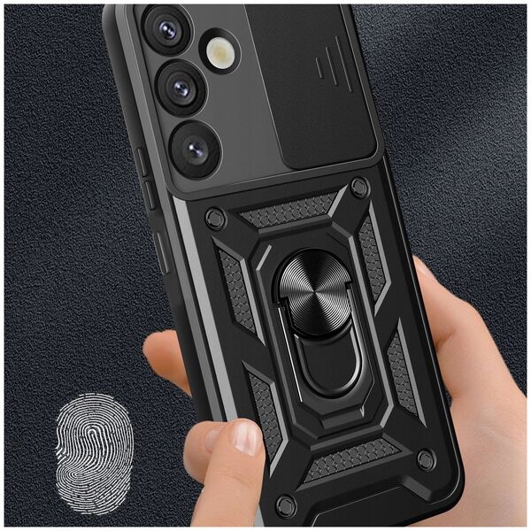 Etui pancerne Hybrid Armor Camshield z osłoną aparatu i metalowym ringiem do Samsung Galaxy S25+ - czarne