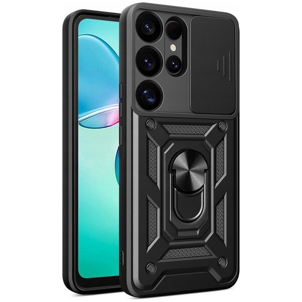 Etui pancerne Hybrid Armor Camshield z osłoną aparatu i metalowym ringiem do Samsung Galaxy S25 Ultra - czarne