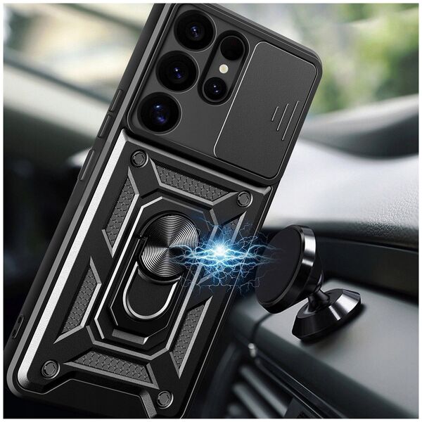 Etui pancerne Hybrid Armor Camshield z osłoną aparatu i metalowym ringiem do Samsung Galaxy S25 Ultra - czarne
