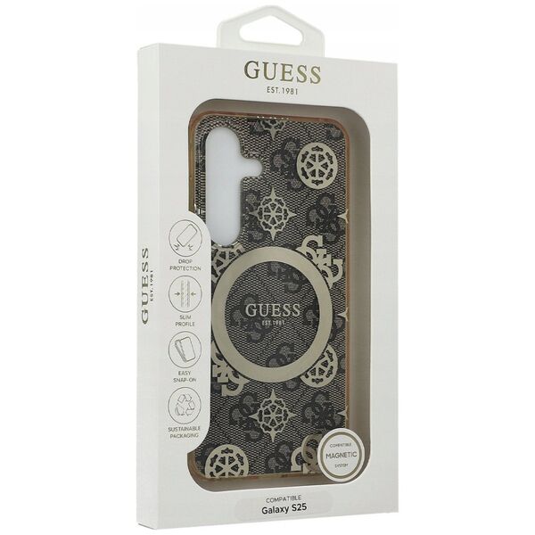 Guess 4G Background Gold Electroplated Peony Pattern MagSafe case for Samsung Galaxy S25 brown