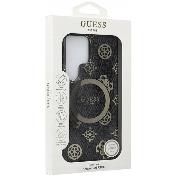 Guess 4G Background Gold Electroplated Peony Pattern MagSafe Case for Samsung Galaxy S25 Ultra Black