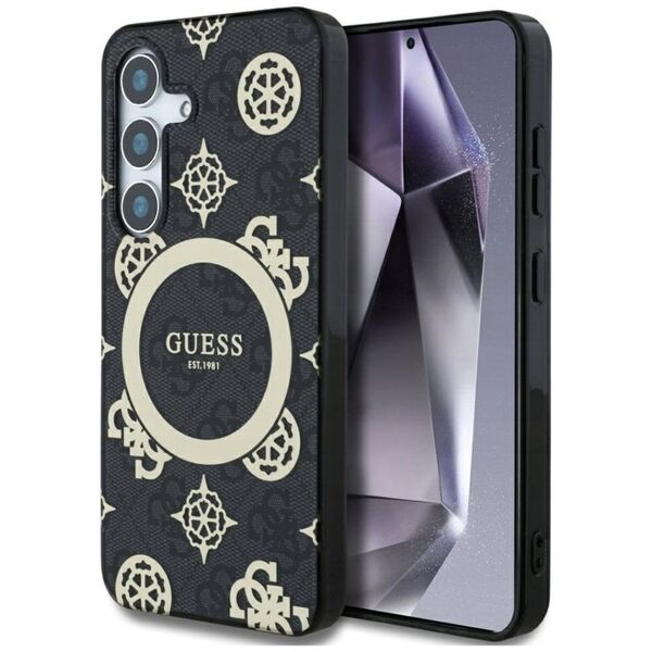 Guess 4G Background Gold Electroplated Peony Pattern MagSafe case for Samsung Galaxy S25 black