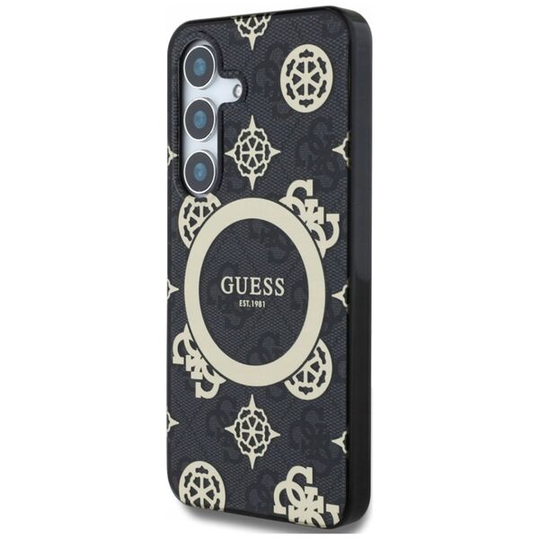 Guess 4G Background Gold Electroplated Peony Pattern MagSafe case for Samsung Galaxy S25 black