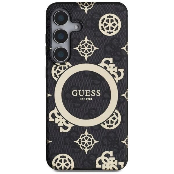 Guess 4G Background Gold Electroplated Peony Pattern MagSafe case for Samsung Galaxy S25 black