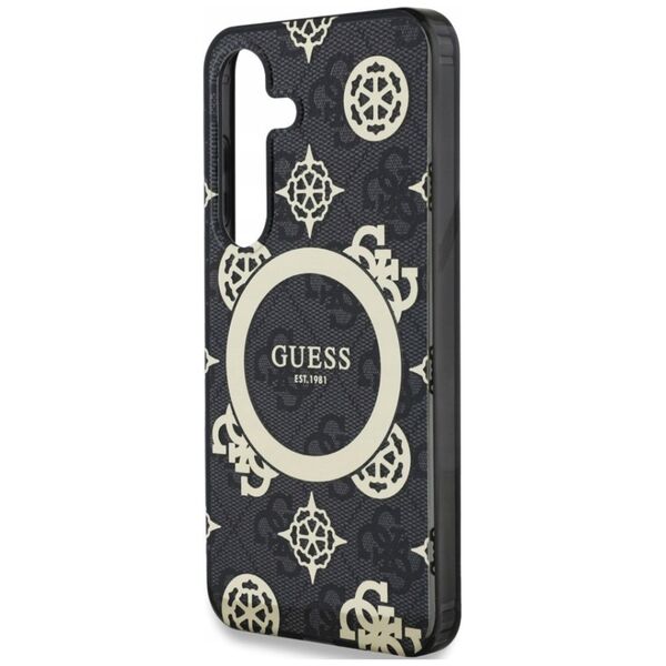 Guess 4G Background Gold Electroplated Peony Pattern MagSafe case for Samsung Galaxy S25 black