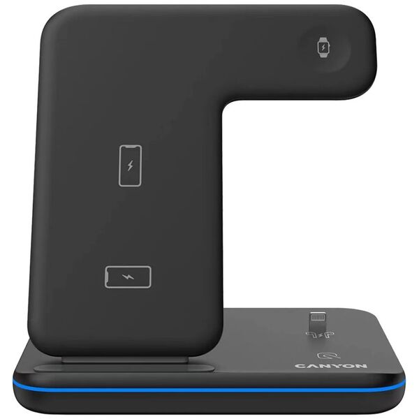 Ładowarka Canyon CANYON WS-302, 3in1 Wireless charger, with touch button for Running water light, Input 9V/2A,12V/1.5A  Output 15W/10W/7.5W/5W, Type c to USB-A cable length 1.2m,with QC18W EU plug 137*103*140mm, 0.22Kg, Black