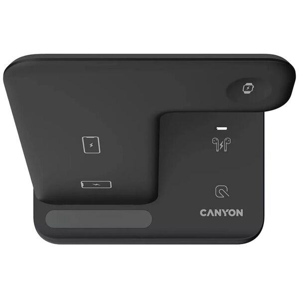 Ładowarka Canyon CANYON WS-302, 3in1 Wireless charger, with touch button for Running water light, Input 9V/2A,12V/1.5A  Output 15W/10W/7.5W/5W, Type c to USB-A cable length 1.2m,with QC18W EU plug 137*103*140mm, 0.22Kg, Black