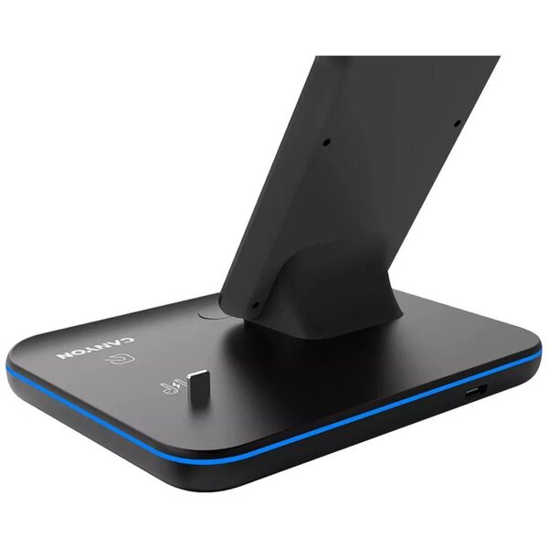 Ładowarka Canyon CANYON WS-302, 3in1 Wireless charger, with touch button for Running water light, Input 9V/2A,12V/1.5A  Output 15W/10W/7.5W/5W, Type c to USB-A cable length 1.2m,with QC18W EU plug 137*103*140mm, 0.22Kg, Black