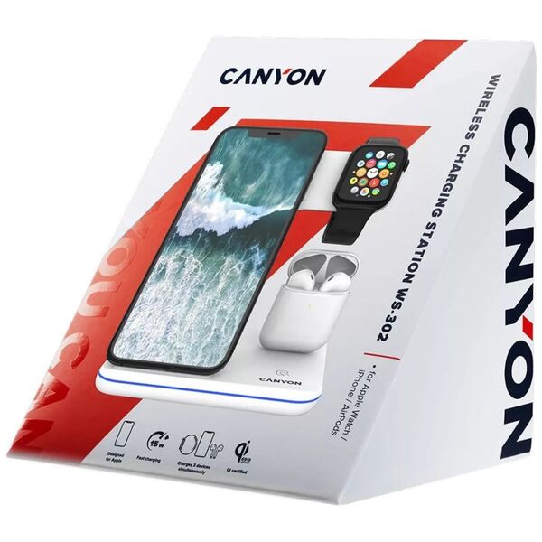 Ładowarka Canyon CANYON WS-302, 3in1 Wireless charger, with touch button for Running water light, Input 9V/2A,12V/1.5A  Output 15W/10W/7.5W/5W, Type c to USB-A cable length 1.2m,with QC18W EU plug 137*103*140mm, 0.22Kg, Black