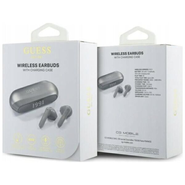 Guess słuchawki Bluetooth GUTWSC2MCDSE    TWS + stacja dokująca taupe Elongated Metalic Printed Logo