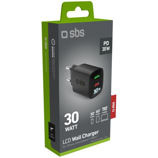 SBS PD Travel Charger 30W USB-C/18W USB LCD GaN black