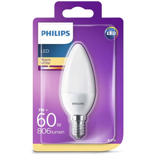 Philips LED 7W, 60W, B38, E14, WW, FR, ND RF