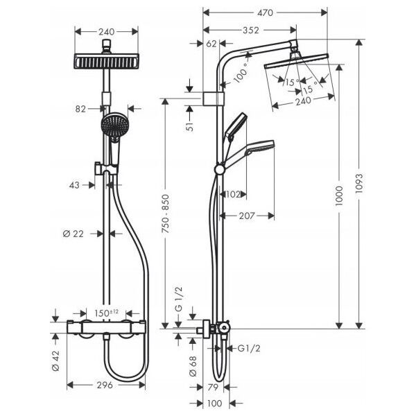 Shower system HANSGROHE CROMETTA E 240 1JET SHOWERPIPE: rain and hand shower, thermostat + gift