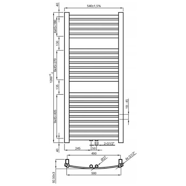Towel dryer INVENA, 1200 x 540 mm, steel, graphite color.