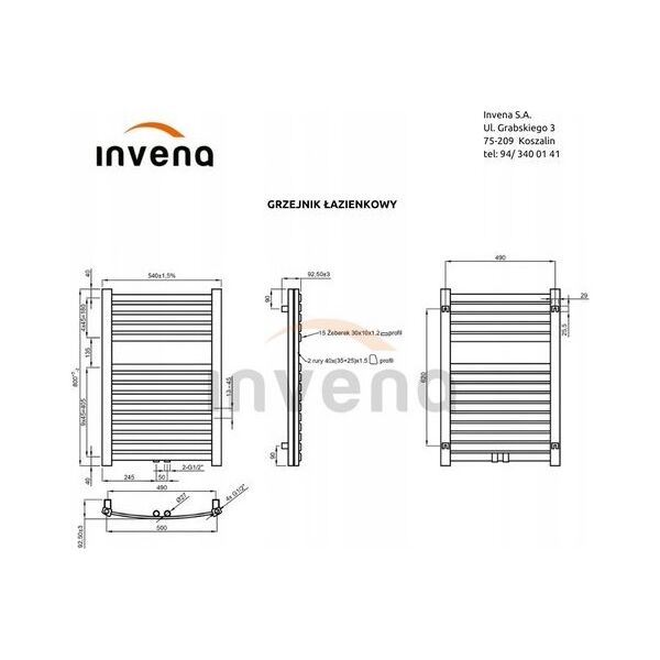 Towel dryer INVENA, 800 x 540 mm, steel, graphite color.