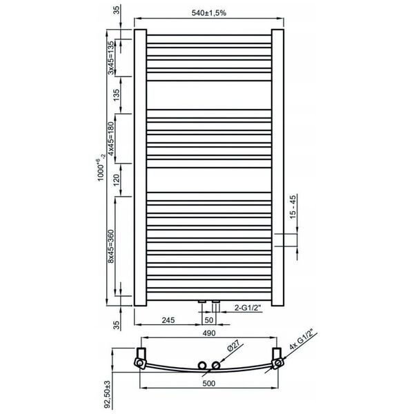 Towel dryer INVENA, 1000 x 540 mm, steel, graphite color.