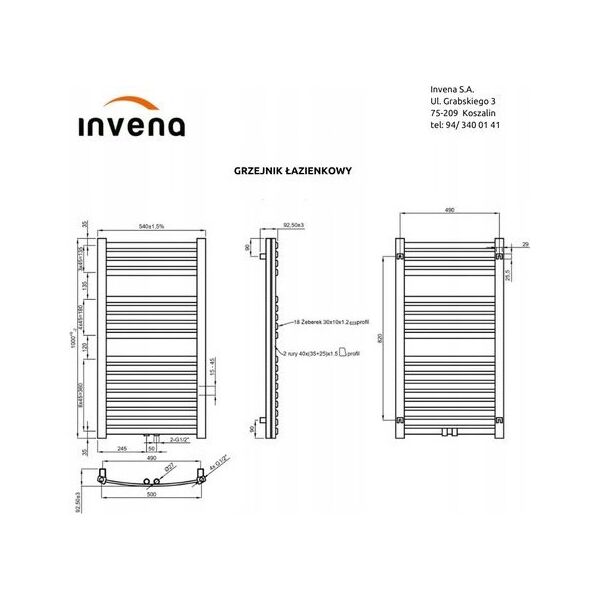 Towel dryer INVENA, 1000 x 540 mm, steel, graphite color.
