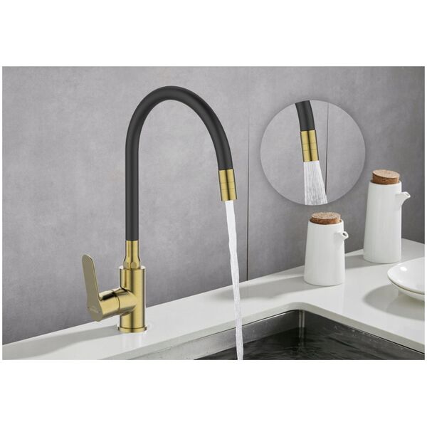 Sink mixer INVENA KSANTI PLUS, with 360deg rotating spout, polished gold color.