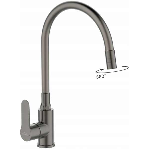 Sink mixer INVENA KSANTI PLUS, with 360deg swivel spout, matt grey.