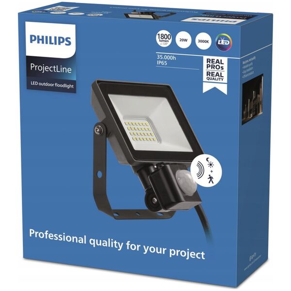 LED spotlight PHILIPS, IP65, 20W, 3000K, 1800lm, with motion sensor, black, 14x5.4x15.3 cm