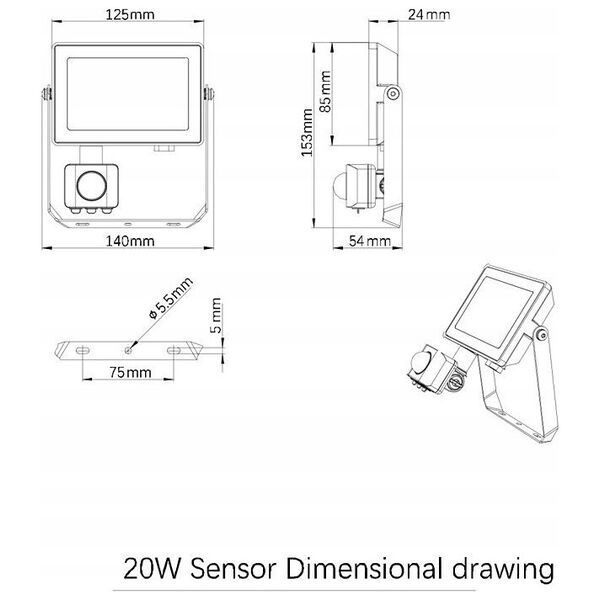 LED spotlight PHILIPS, IP65, 20W, 3000K, 1800lm, with motion sensor, black, 14x5.4x15.3 cm