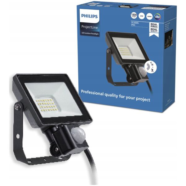 LED spotlight PHILIPS, IP65, 20W, 3000K, 1800lm, with motion sensor, black, 14x5.4x15.3 cm