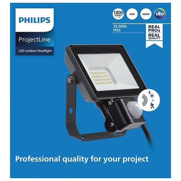 LED spotlight PHILIPS, IP65, 20W, 3000K, 1800lm, with motion sensor, black, 14x5.4x15.3 cm