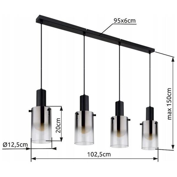 Hanging lamp GLOBO FLORENTINA, 4xE27, 40W, 230V, metal, black, 12.5x102x150cm
