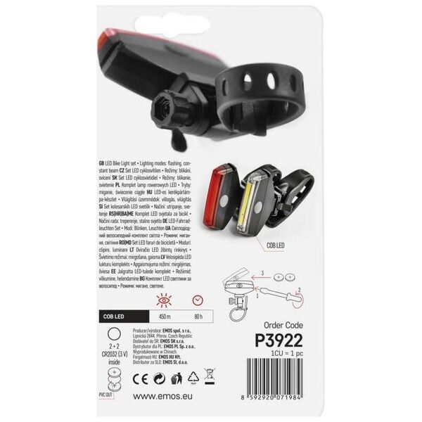 Lampa Rowerowa Led Cob, Komplet Przód + Tył, 22 Lm 2X Cr2033 Emos Emos
