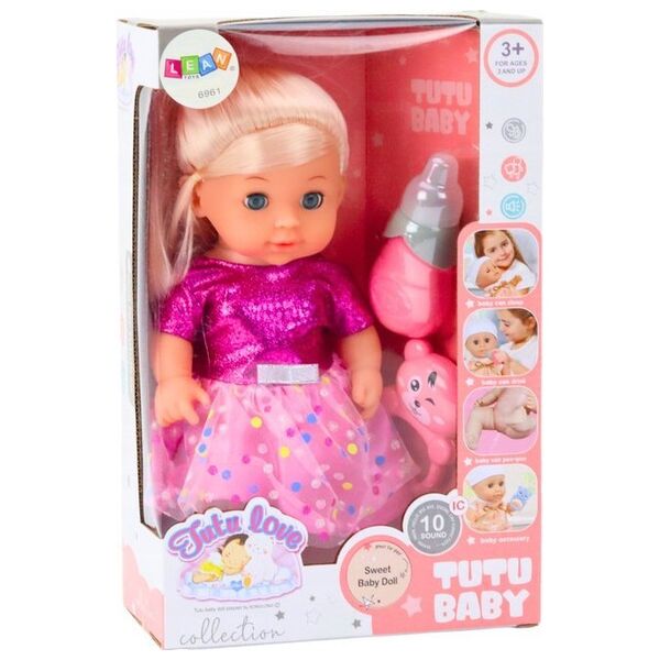 LeanToys Lalka W Różowej Sukience Siusiająca Butelka Grzechotka Dźwięki