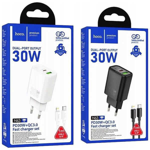 HOCO ładowarka sieciowa USB A + Typ C + kabel Typ C do Lightning PD QC3.0 3A 30W N63 biała