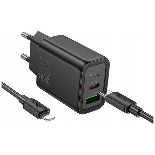 HOCO ładowarka sieciowa USB A + Typ C + kabel Typ C do Typ C PD QC3.0 3A 20W N61 czarna