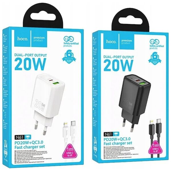 HOCO ładowarka sieciowa USB A + Typ C + kabel Typ C do Typ C PD QC3.0 3A 20W N61 czarna