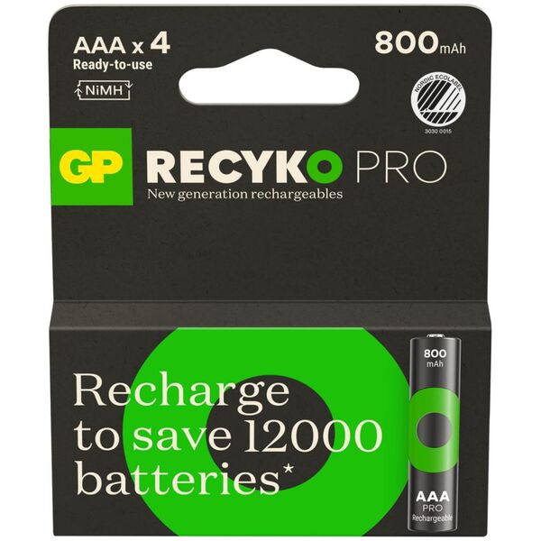 GP GP ReCyko Pro Rechargeable Battery, Size AAA, 800 mAh, 4-pack