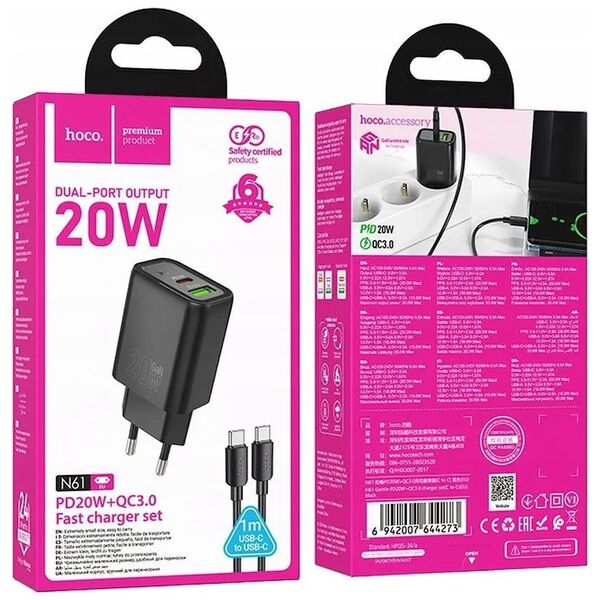 HOCO ładowarka sieciowa USB A + Typ C + kabel Typ C do Lightning PD QC3.0 3A 20W N61 czarna