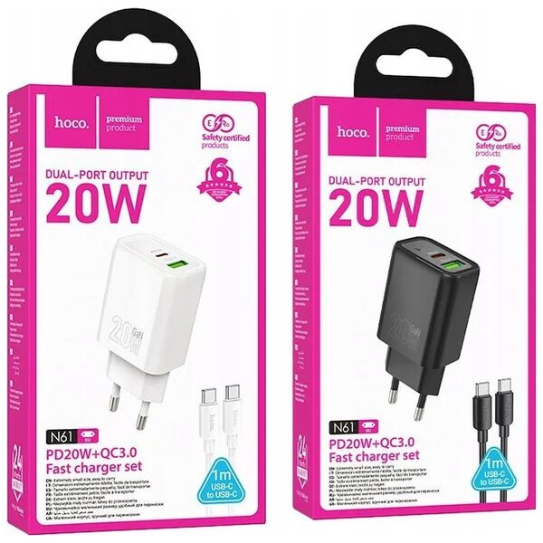 HOCO ładowarka sieciowa USB A + Typ C + kabel Typ C do Lightning PD QC3.0 3A 20W N61 czarna