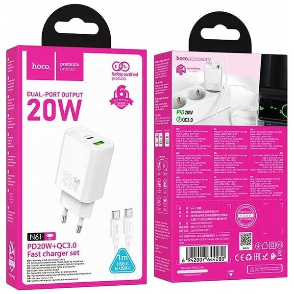 HOCO ładowarka sieciowa USB A + Typ C + kabel Typ C do Typ C PD QC3.0 3A 20W N61 biała