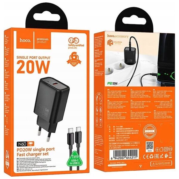 HOCO ładowarka sieciowa Typ C + kabel Typ C do Lightning PD QC 20W N60 czarna