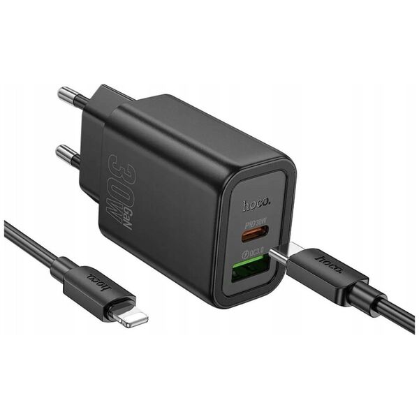 HOCO ładowarka sieciowa USB A + Typ C + kabel Typ C do Lightning PD QC3.0 3A 30W N63 czarna