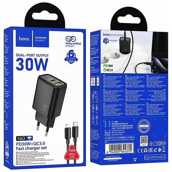 HOCO ładowarka sieciowa USB A + Typ C + kabel Typ C do Lightning PD QC3.0 3A 30W N63 czarna