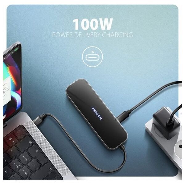 axagon HMC-6GLN Wieloportowy hub USB 6in1, 5Gbps, 2xUSB-A, 1x USB-C, GLAN, HDMI 4K/60Hz, PD 100W, 20cm USB-C kabel