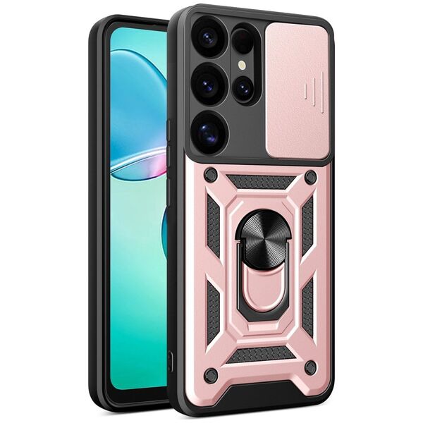 Etui pancerne Hybrid Armor Camshield z osłoną aparatu i metalowym ringiem do Samsung Galaxy S25 Ultra - różowe