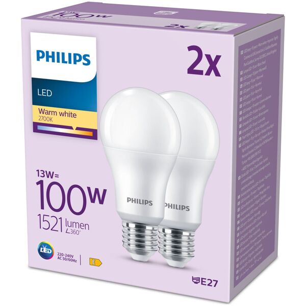 Signify Philips LED classic Lampe 100W E27 Warmweiß 1521lm matt 2er P